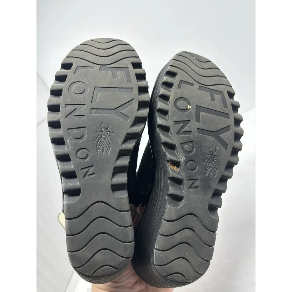 Fly London Black Leather Wedge Sandals P500568001 Euro 39 US 8.5